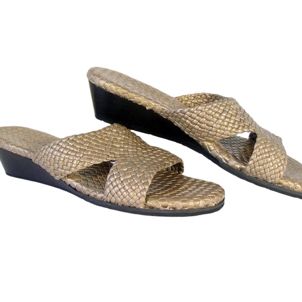 ROBERT ZUR Tamara $250 Woven Gold Leather Wedge Slide Sandals Women's 10 - NWOB - Picture 3 of 9